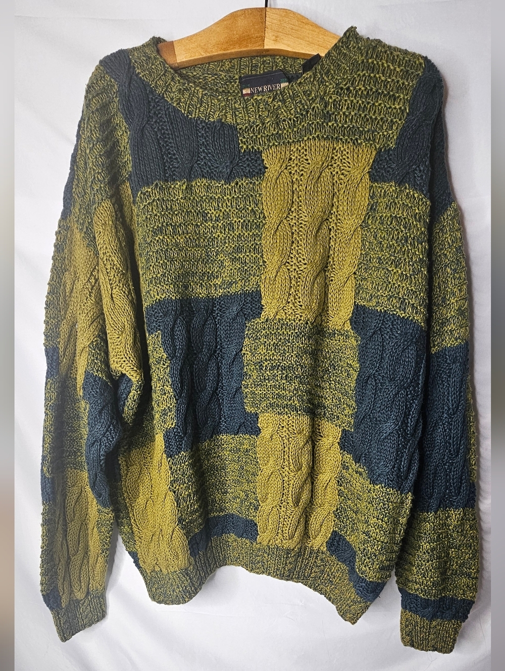 Vtg 90s New River Chunky Cable Knit Sweater Large Green Blue Colorblock Grunge